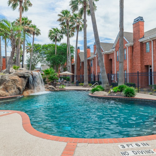 resort style pool with palm trees
