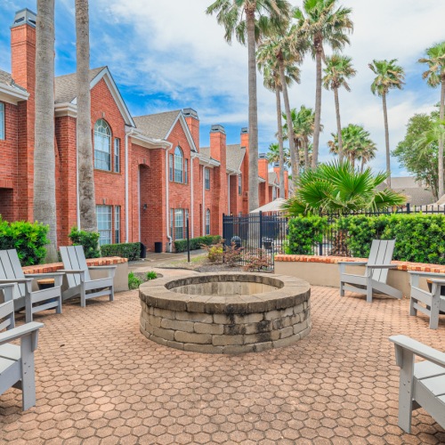 courtyard with firepits and seating