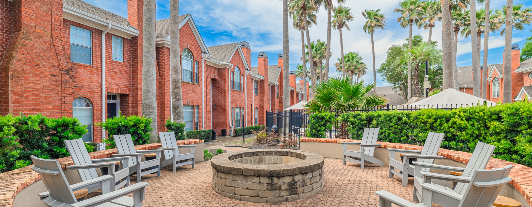 courtyard with firepits and seating